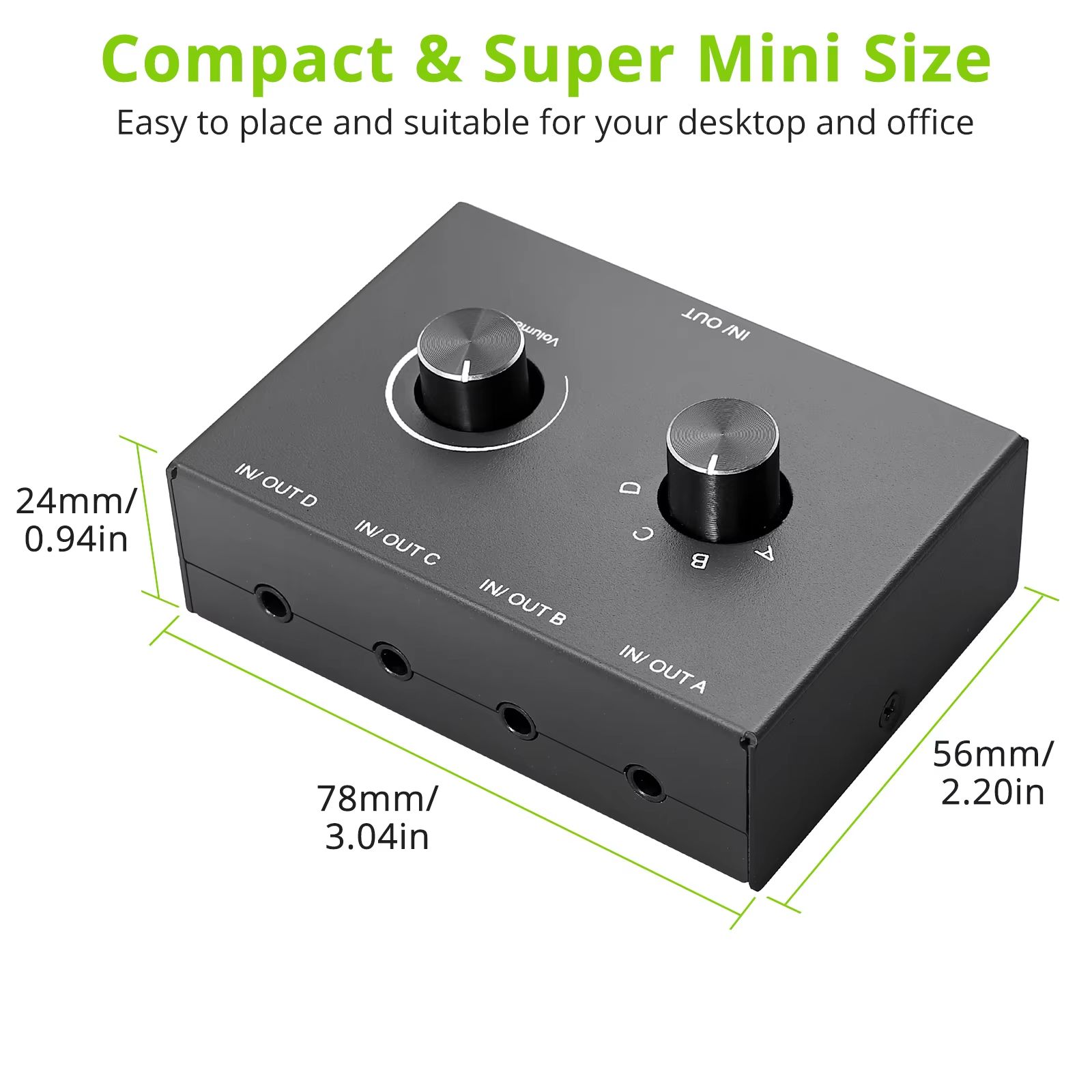 4/2 Way 3.5mm Stereo Audio Switcher – Bi-Directional Splitter Box with Mute