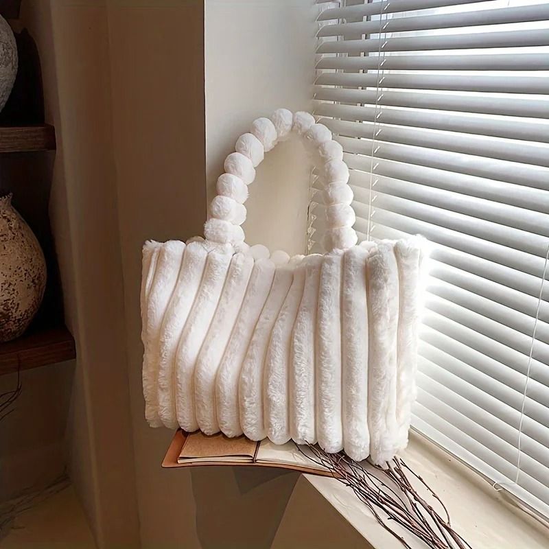 Luxurious Plush Tote Bag Striped Faux Fur Shoulder Handbag