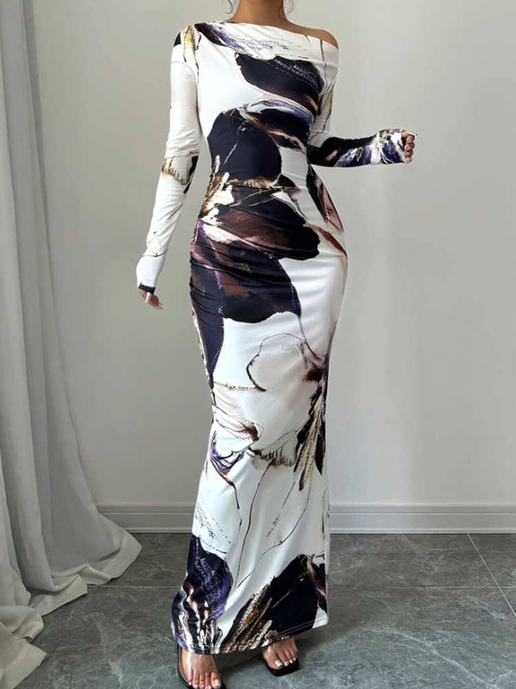 Slanted Shoulder Dress For Women, Long Sleeved Spring Summer Style