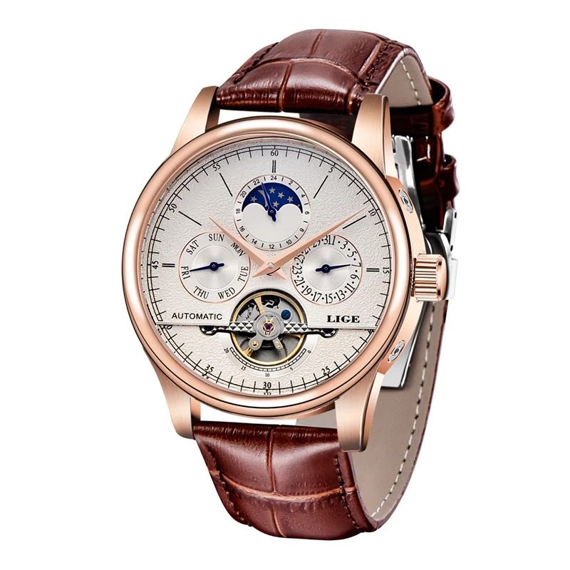 LIGE Men Automatic Mechanical Tourbillon Watch