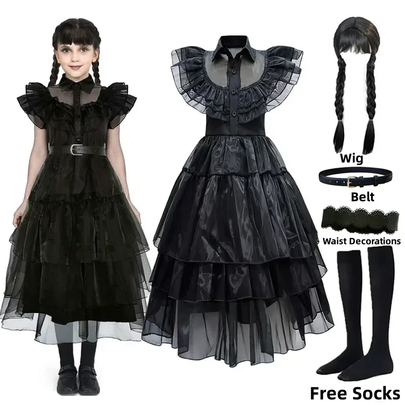 Girls Wednesday Addams Costume Complete Kit, Kids Halloween Party Dress with Wig & Accessories for Cosplay Dress Up