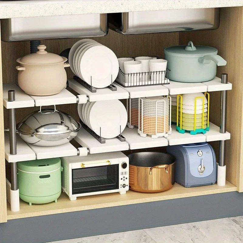 Stainless Steel Expandable Under Sink Storage Rack – 2-Tier Adjustable Kitchen & Bathroom Organizer Shelf