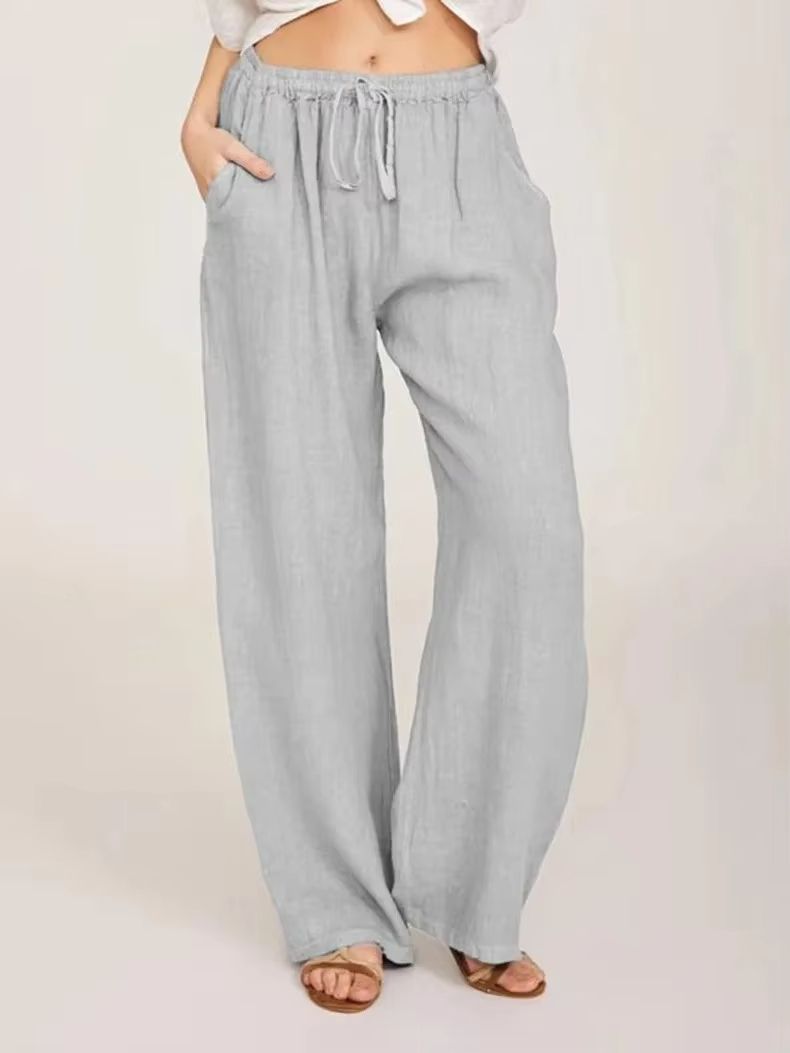 Womens Cotton Linen Wide Leg Pants – Casual Loose Trousers with Elastic Waist & Pockets