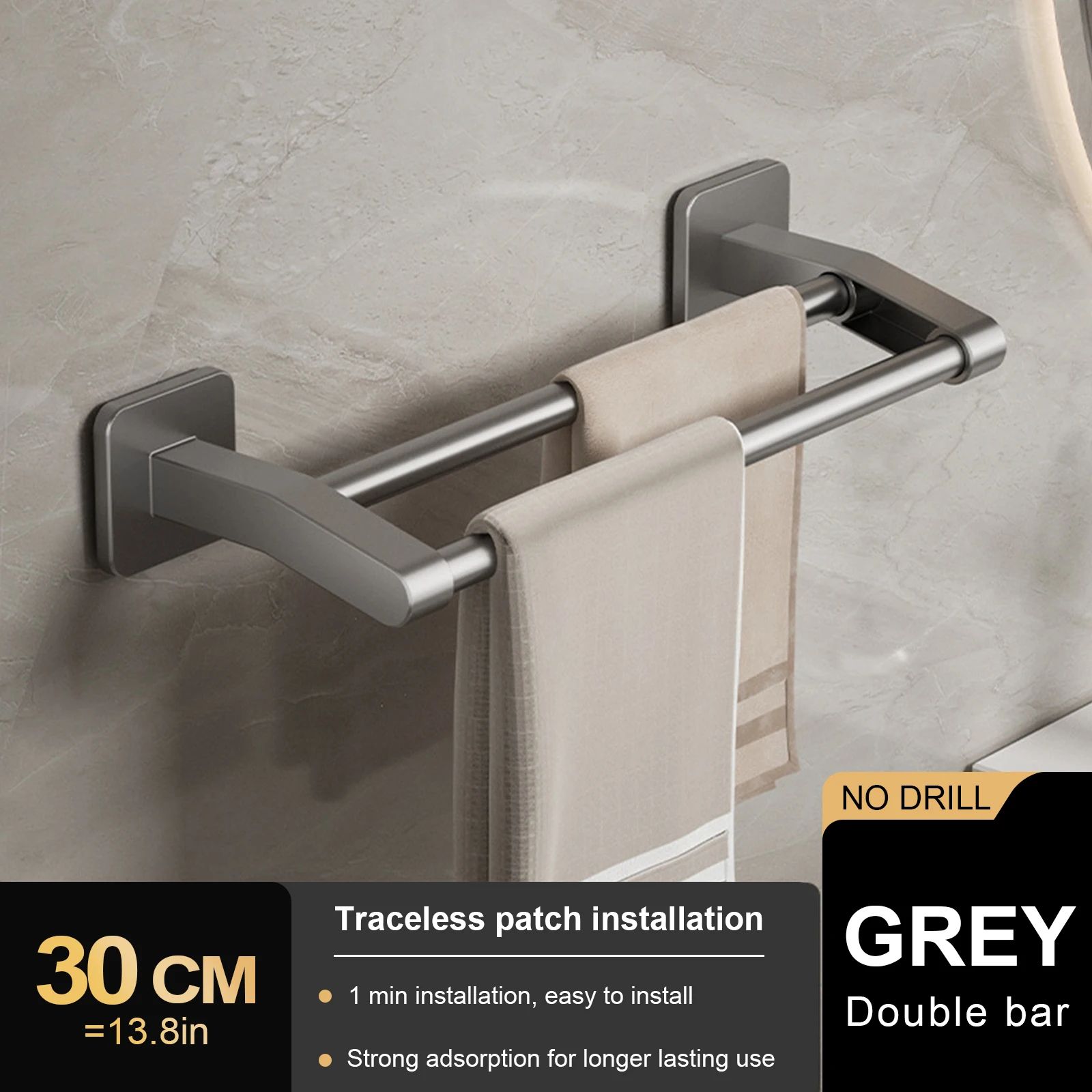 Wall Mount Double Towel Rack – No Drill ABS 2-Tier Bathroom Towel Bar