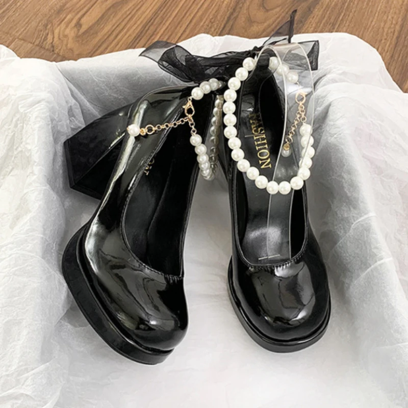 Elegant Bow Square Toe Women Mary Jane Shoes, Luxury Women High Heels Pearl Lace Party Wedding Style