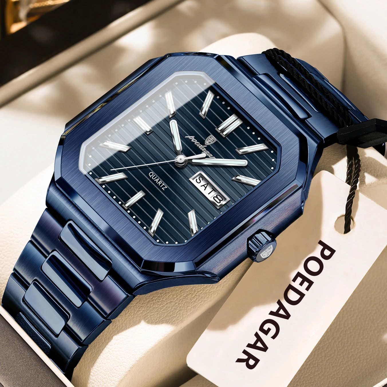 POEDAGAR Luxury Square Waterproof Men's Quartz Watch with Luminous Date & Week