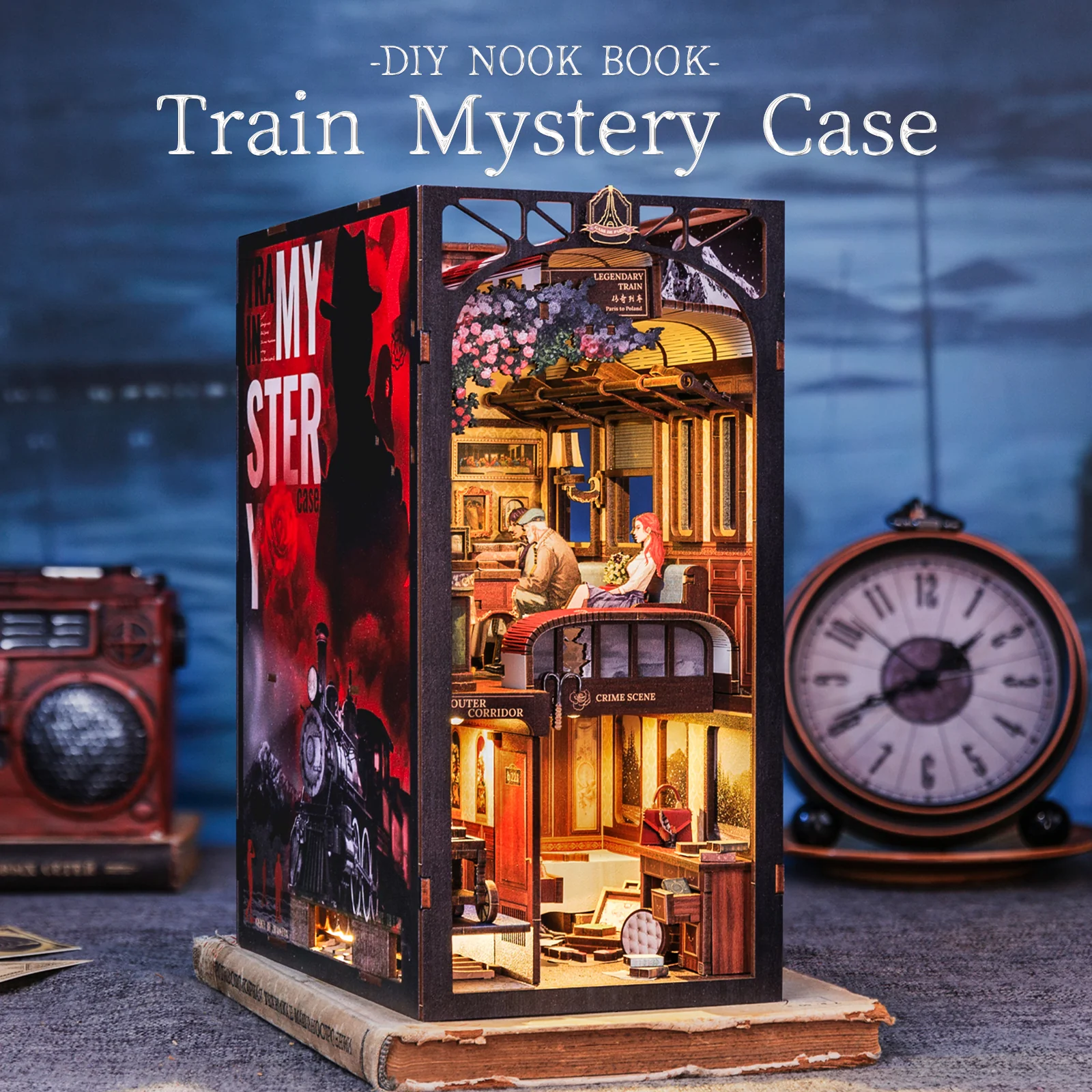 Detective Train Mystery DIY Book Nook, 3D Wooden Dollhouse Puzzle with Touch Light & Bookshelf Insert – Unique Gift Idea