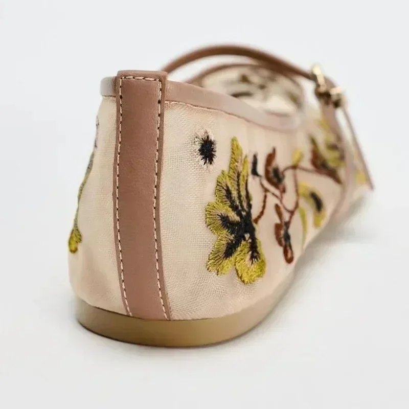 Luxury Designer Mesh Breathable Ballet Flats Women, Embroidered Flower Mary Jane Shoes, Lightweight Low Heel Summer