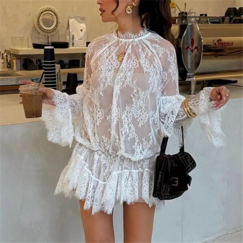 Elegant Floral Sheer Lace Mini Dress – Long Sleeve See Through Mesh Dress for Party & Cocktail Nights