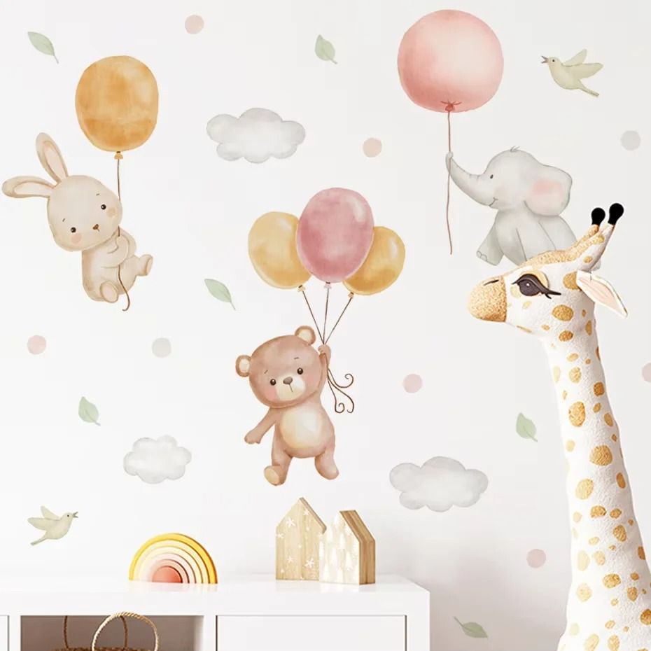 Whimsical Architectural Pink Bear and Balloon Nursery Wall Decals