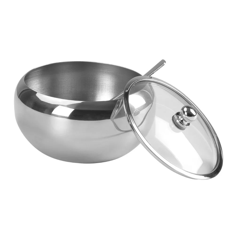 Large Stainless Steel Sugar Bowl with Lid and Spoon
