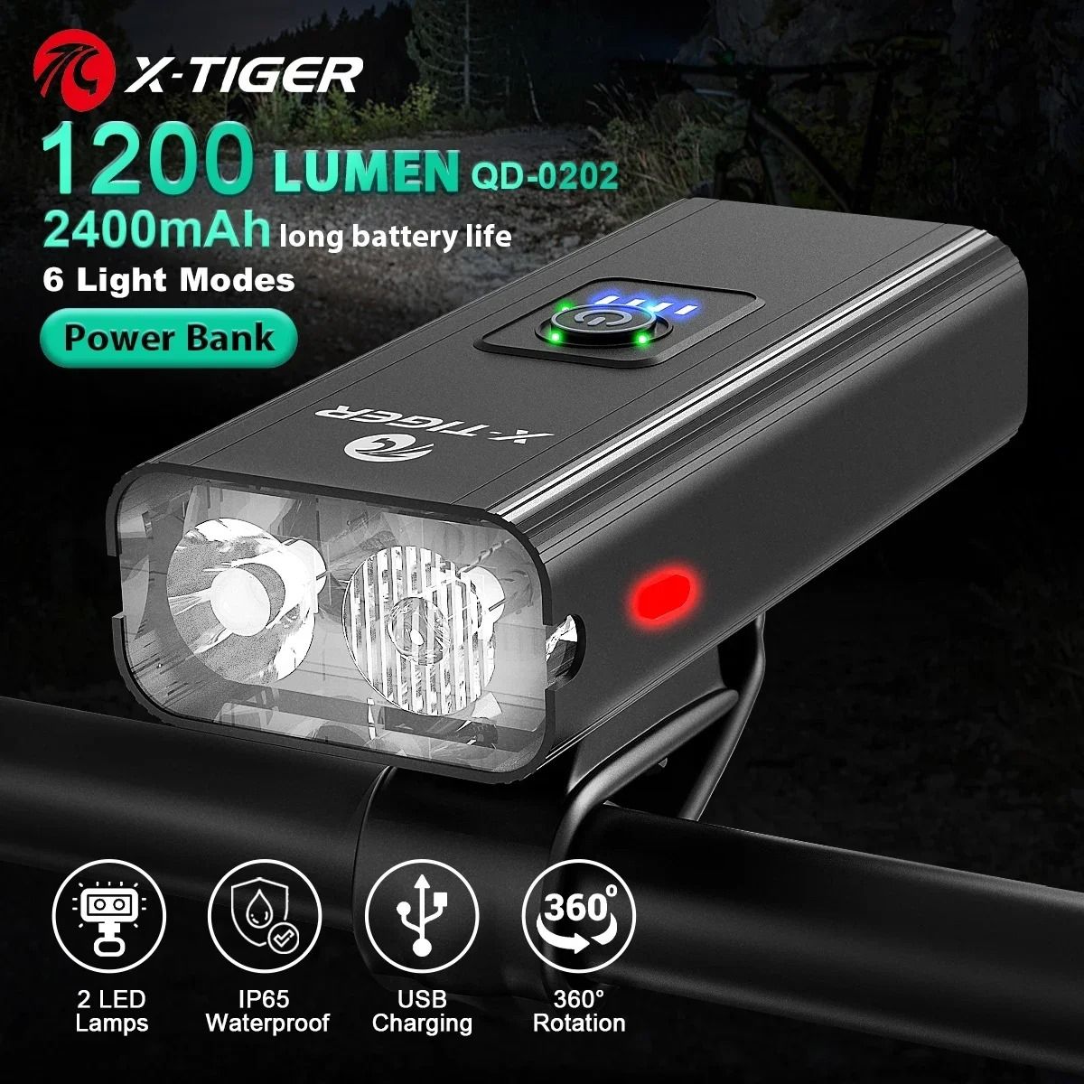 X Tiger Bike Light Headlight Bicycle Lamp with 5200mAh Power Bank