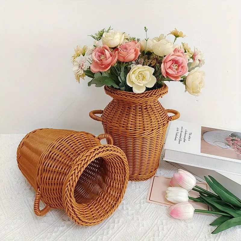 Handwoven Rattan Flower Basket for Vintage Decor & Rustic Flower Arrangements