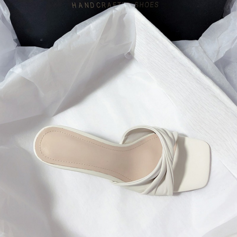 New Fashion Summer Handmade Women Shoes High Heels Square Open Toe Slippers Apricot Off White