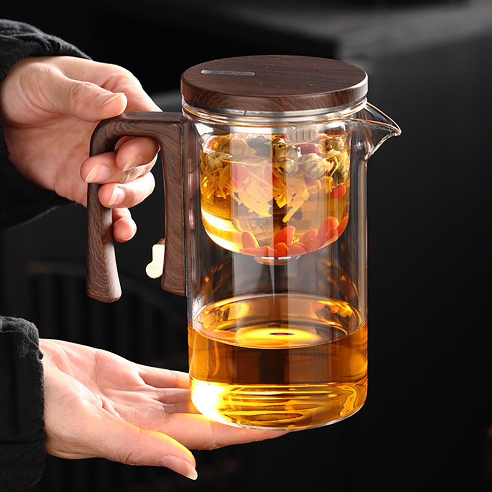 New Tea Pot with Magnetic Switch, Glass, Wood Handle, Tea Separation