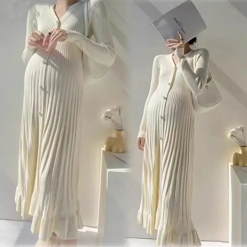 Single Breasted V Neck Fishtail Maternity Knit Dress