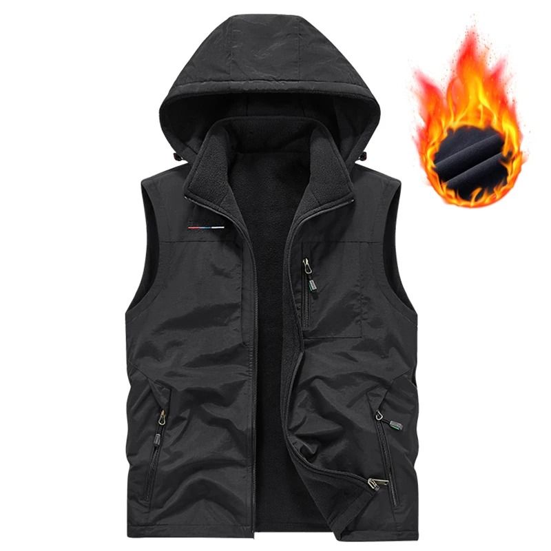 Mens Hooded Fleece Warm Vest Windproof Utility Photographer Vest