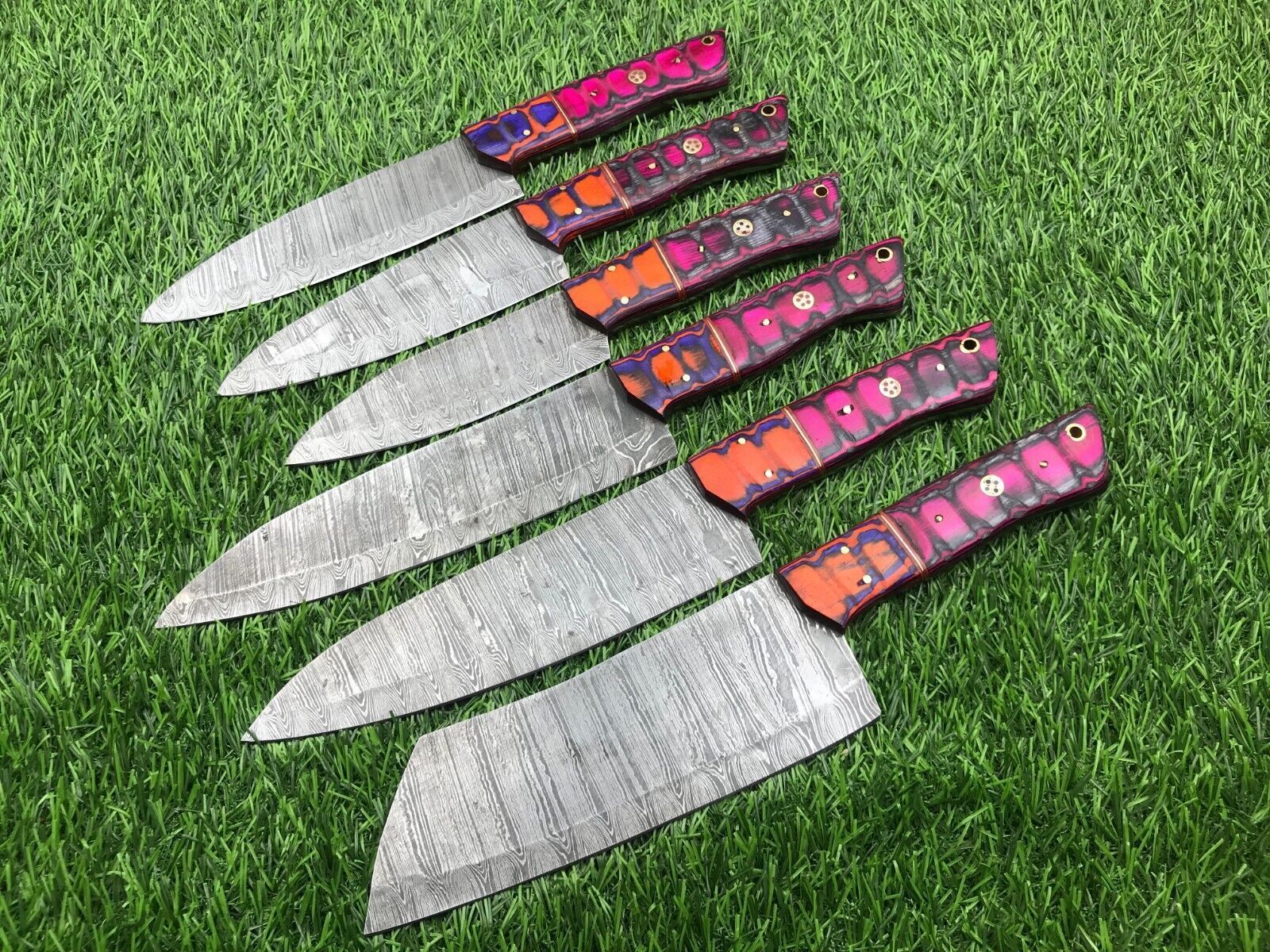 Custom Forged Damascus Steel Knives – 6 Piece Camping Chef Set