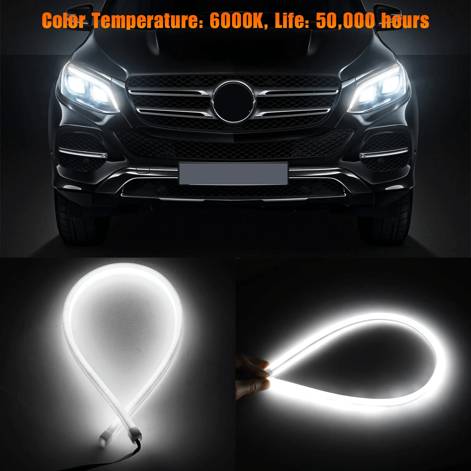 White Flexible LED Strip Lights for Car Headlights Waterproof 6000K Daytime Running DRL Light Strips for Auto,SUV, Truck
