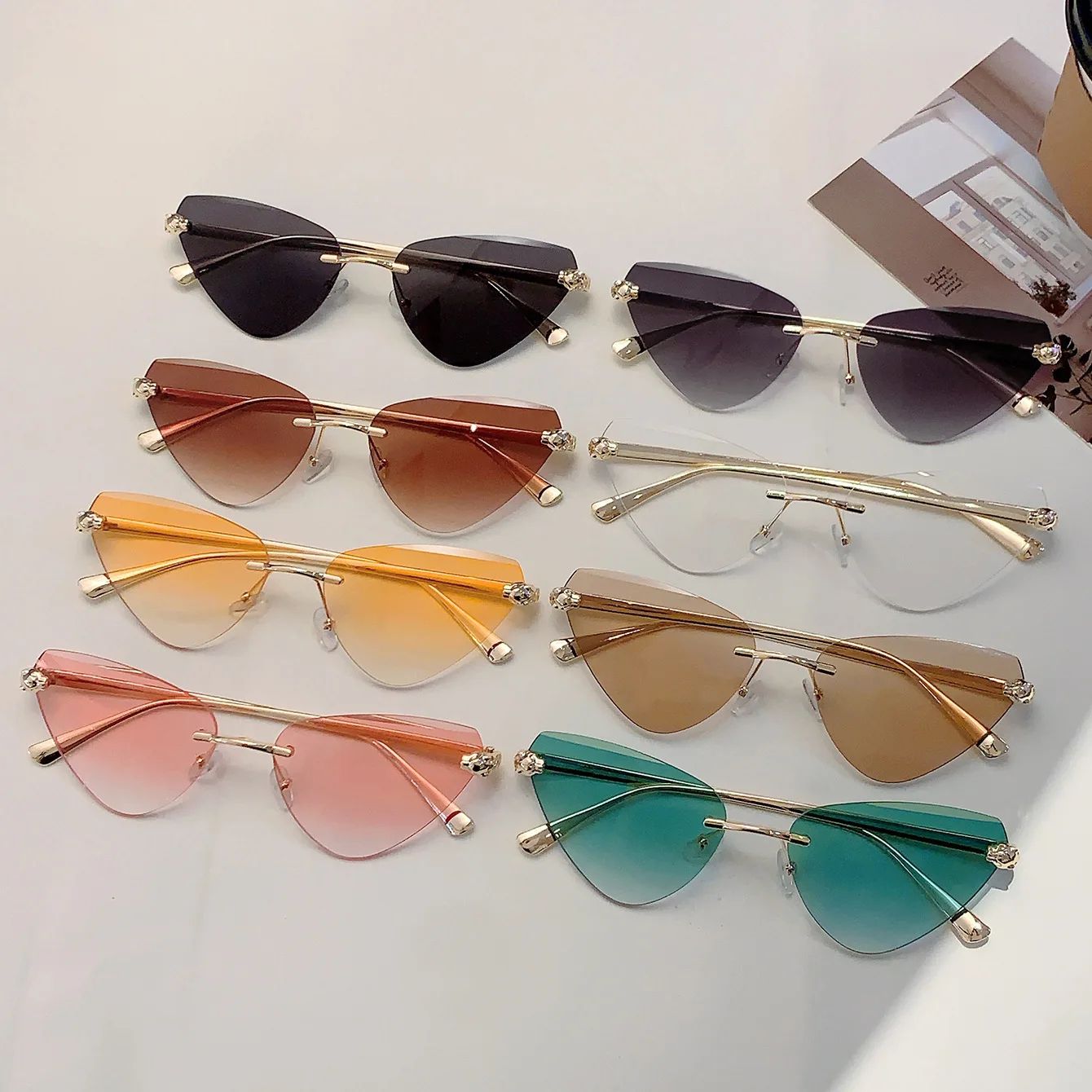 Vintage Y2K Rimless Triangle Cat Eye Sunglasses – Retro Punk Designer Shades