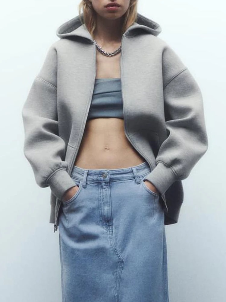 ZABA Womens Oversized Fashion Jacket, Versatile Casual Hooded Zip Top, Street Basic Sweatshirt