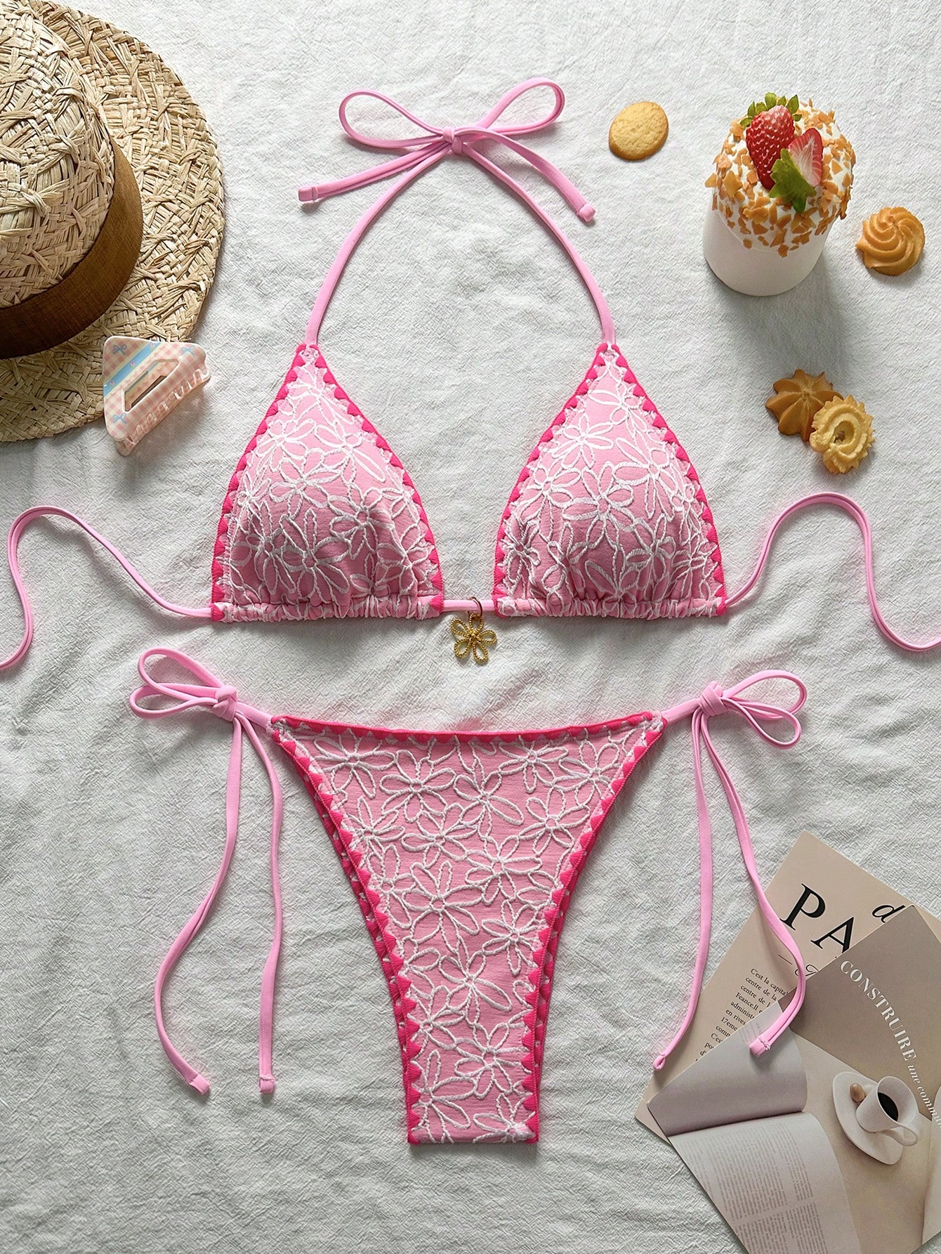 Floral Print Bikini Set, Trendy Textured Fabric, Halter Tie-Neck, Contrast-Trimmed Edges & Side-Tie Thong