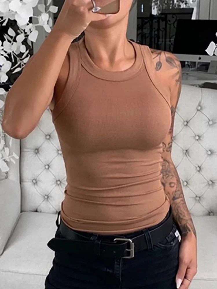 Women Ribbed Round Neck Tank Top