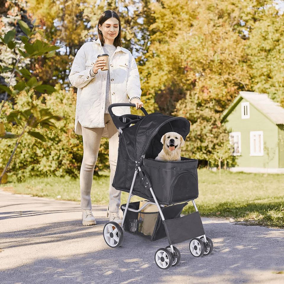 Foldable 4 Wheel Pet Stroller for Dogs & Cats, Black with Cup Holder