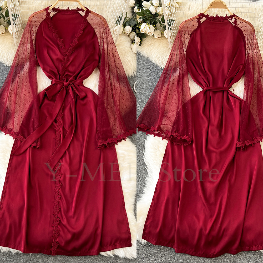 Sexy Embroider Edge Kimono Bathrobe Dress, Wedding Long Robe with Mesh Sleeves, Silk Satin Sleepwear Lingerie Gown