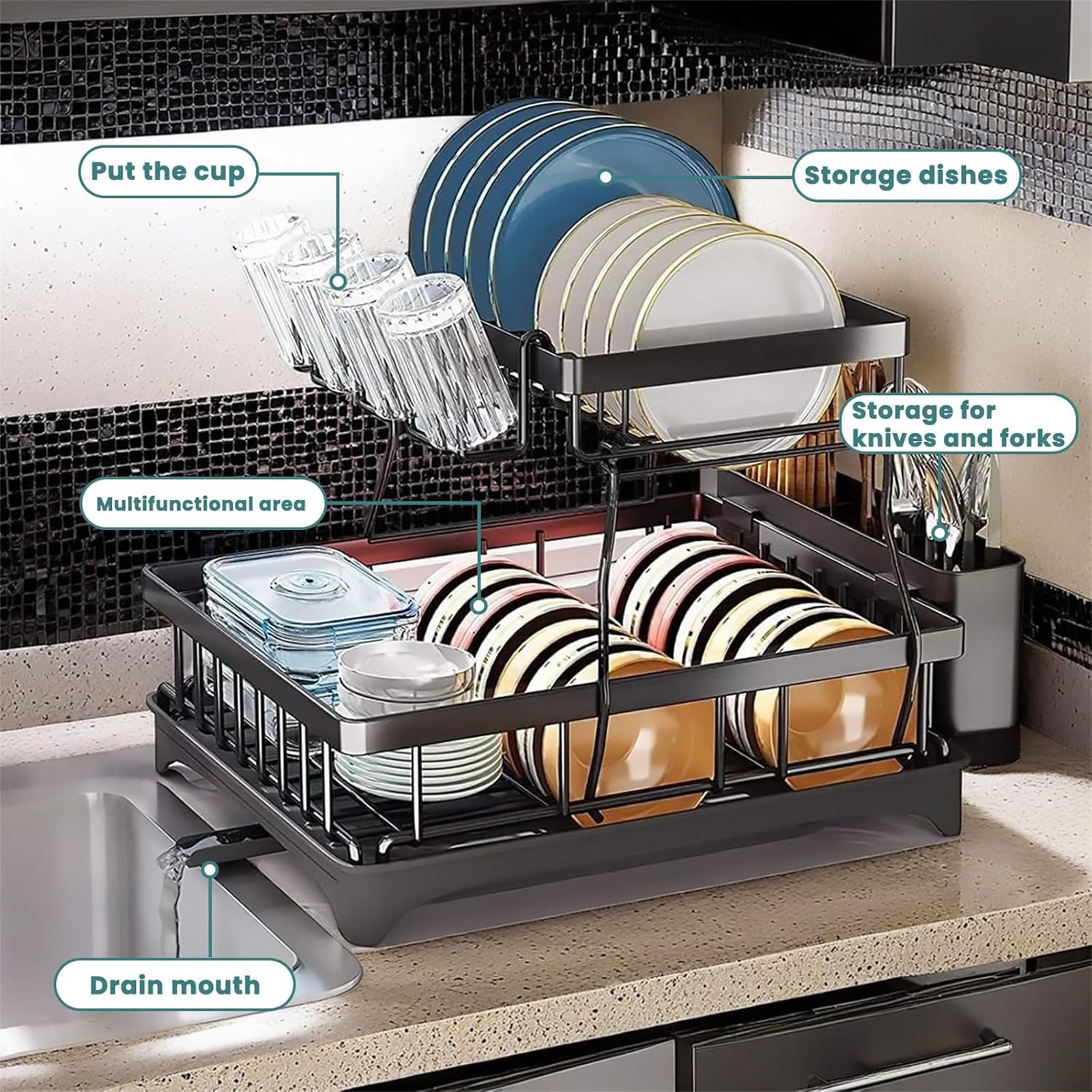 Stainless Steel Dish Drying Rack, Large Kitchen Counter top Organizer with Drainer & Cutlery Holder, Durable & Space