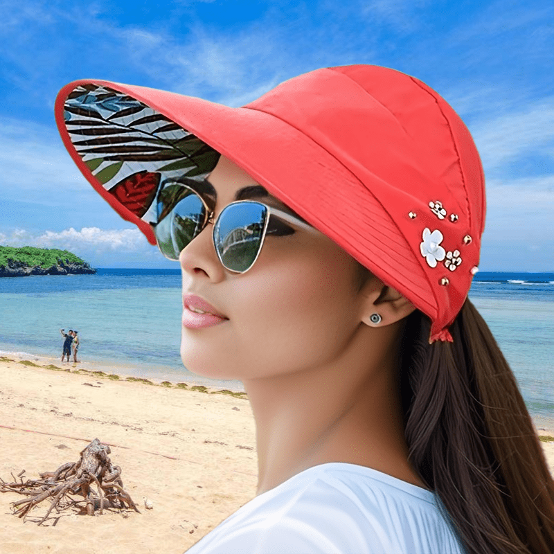 Beaded Flower Decor Visor Hats Trendy Solid Color Summer Sun Hat Foldable UV Protection Visors For Women Girls Outdoor