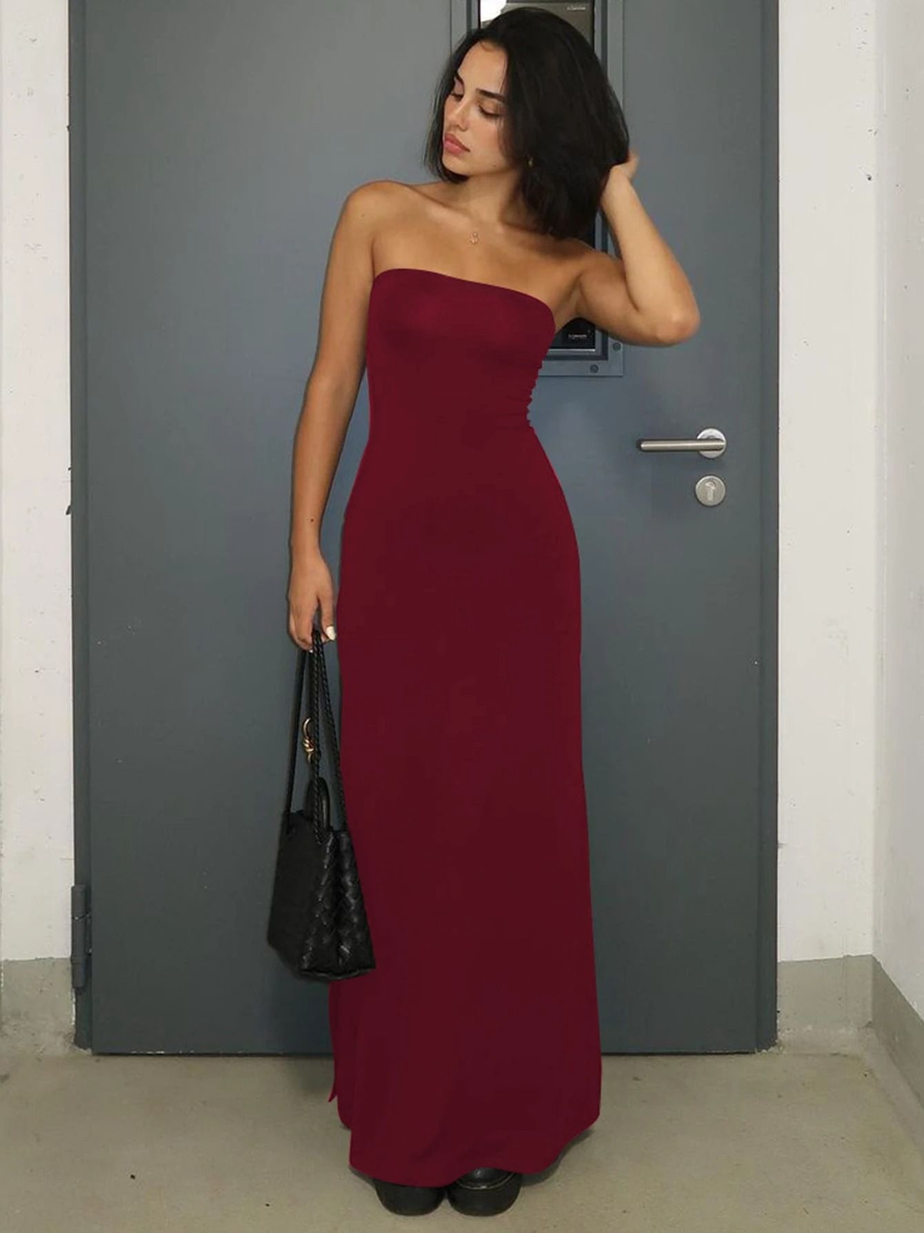 Hugcitar Black Strapless Long Sleeve Bodycon Maxi Dress
