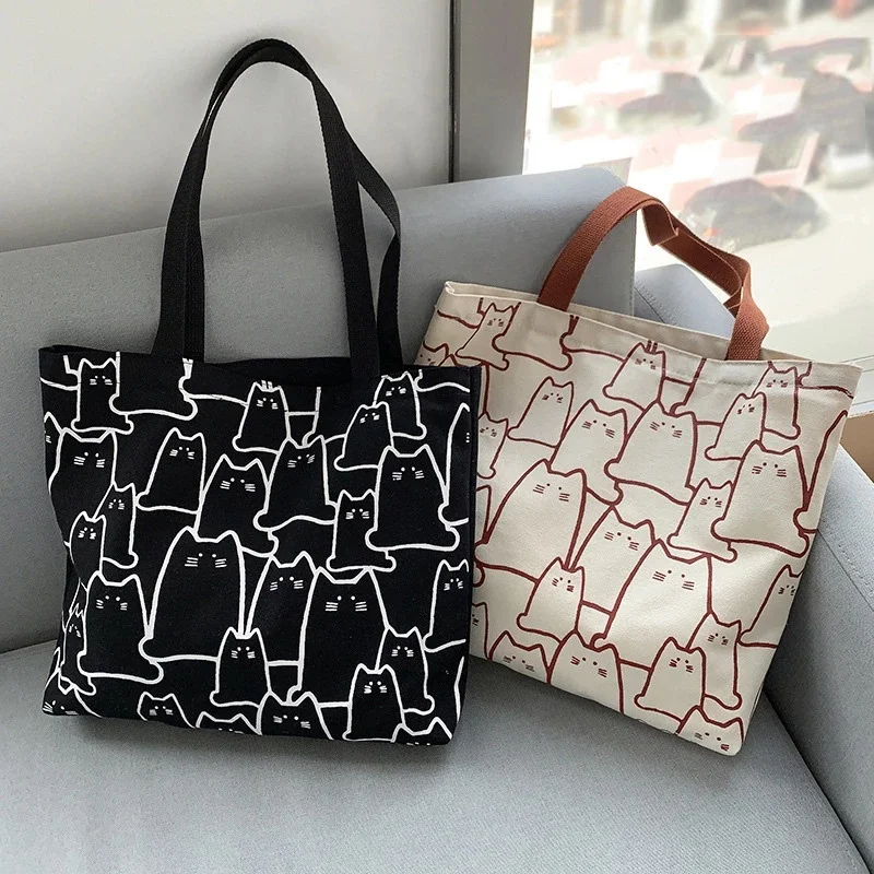 Fashion Canvas Cute Cat Shopper Handbags, Casual Graphic Tote for Women, Small Shoulder Japanese Cartoon Bag