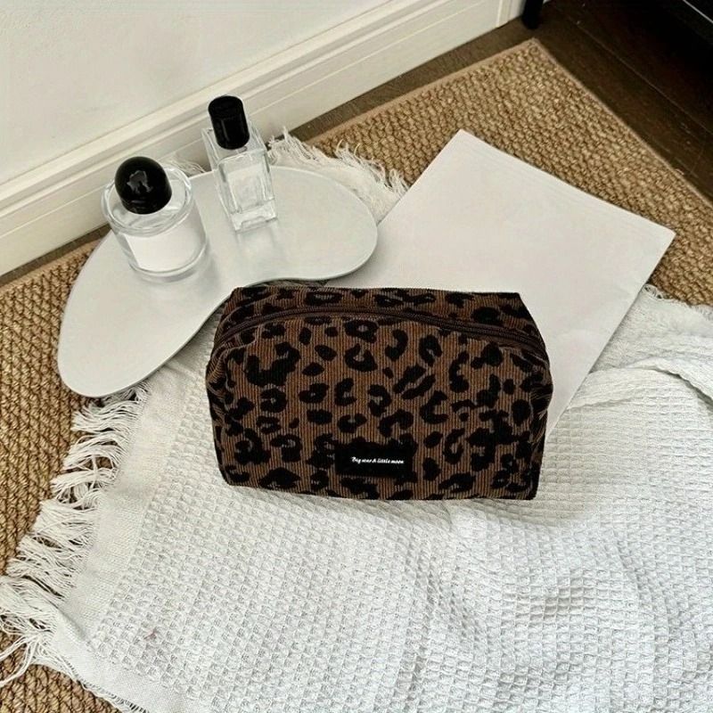 Large Leopard Print Cosmetic Bag Travel Makeup Organizer Box Shaped Zipper Case
