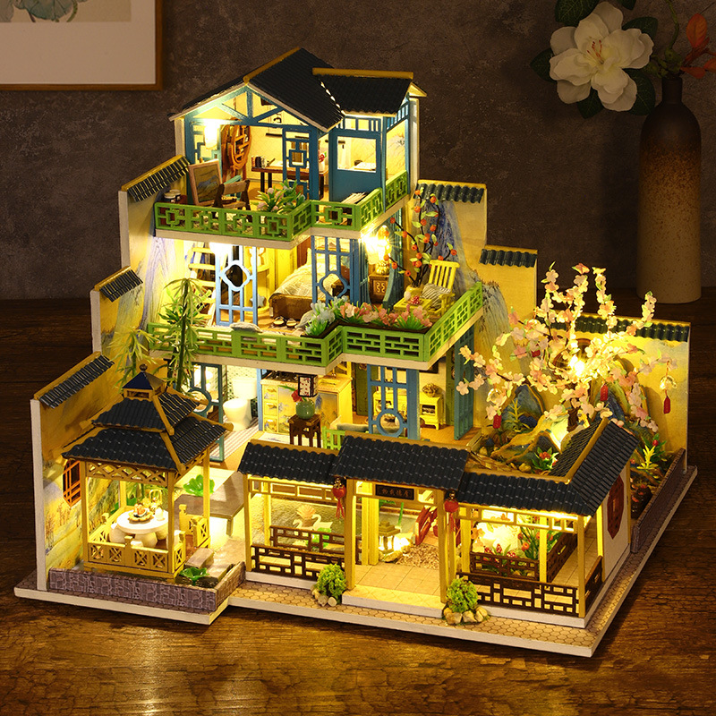 DIY Wooden Dollhouse with Furniture and Light, Casa Miniature Doll House Kit, Chinese Style Villa Model Toys Birthday