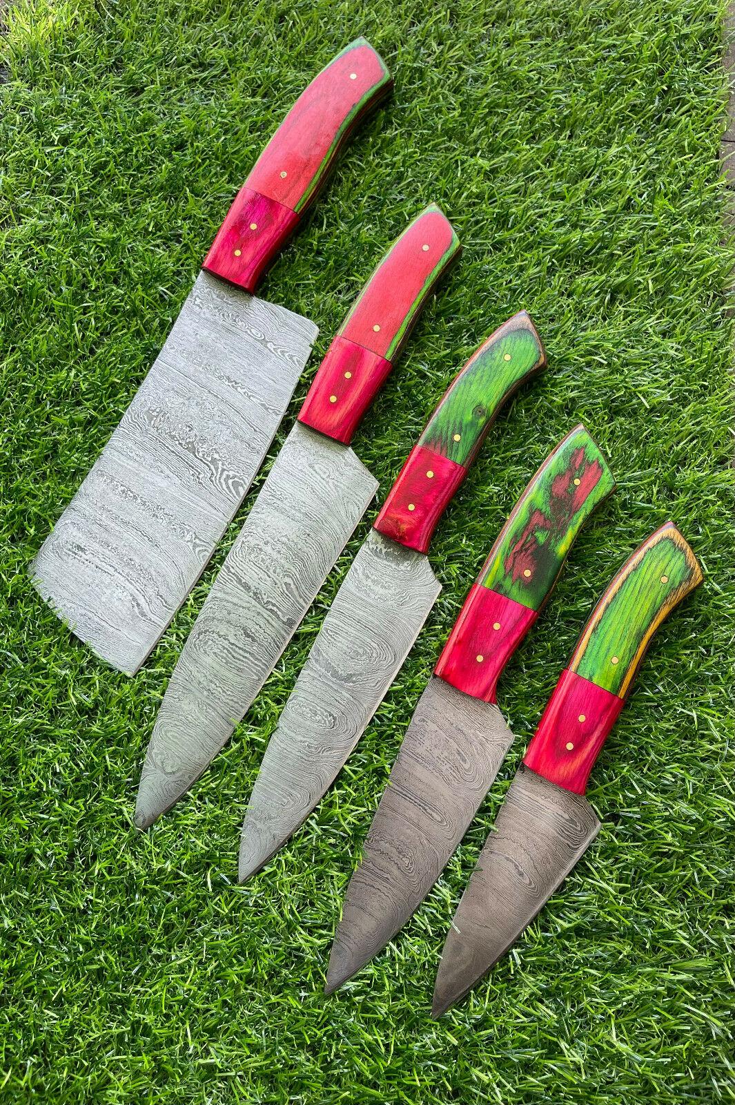 5 PCS Handmade Damascus Steel Chef Knives with Wooden Handles