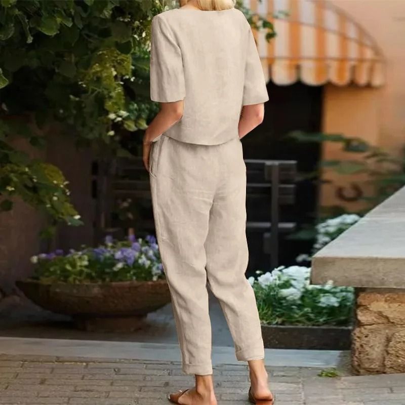 Womens Cotton Linen Matching Suit Lightweight Wide Leg Pants and Tie Waist Top