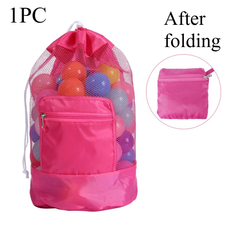 Foldable Mesh Beach Toy Bag Drawstring Backpack with Zipper Pocket