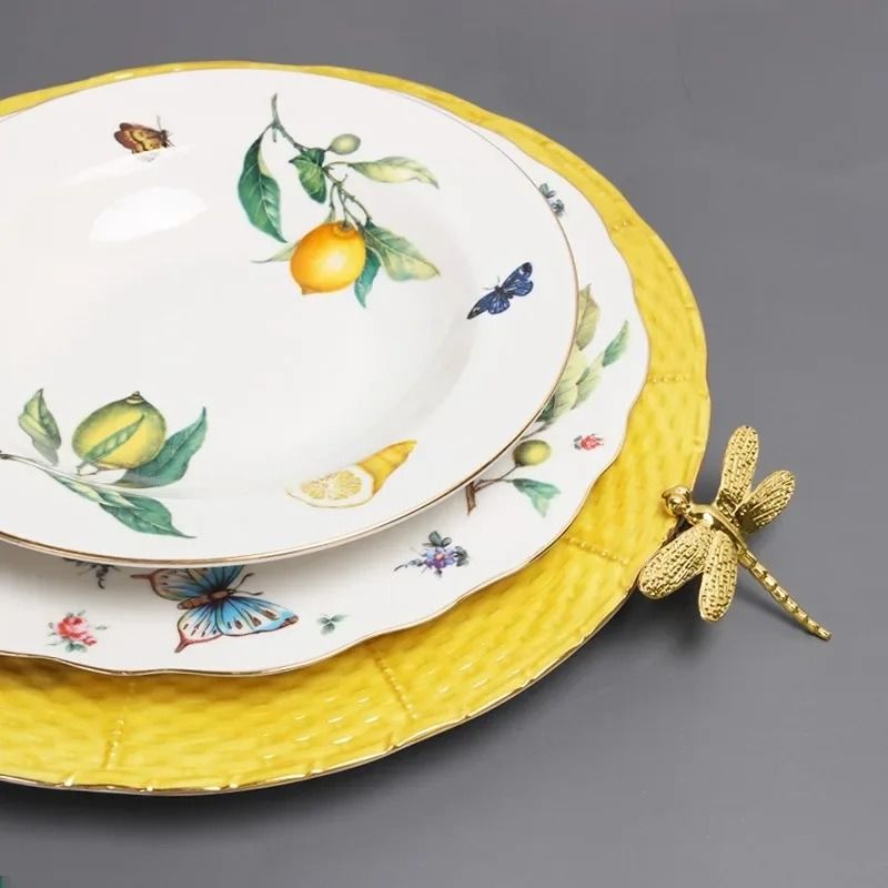 European Style Lemon Pattern Ceramic Dining Set – Elegant Dinner, Steak & Dessert Plates