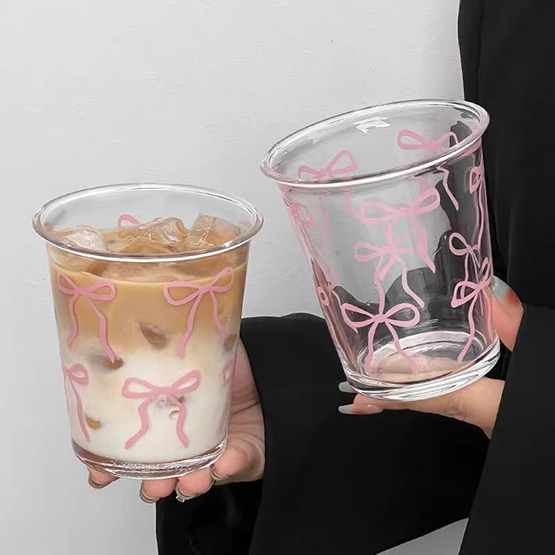Cute Bow Glass Cup High Borosilicate Coffee Mug Aesthetic Pink Drinkware