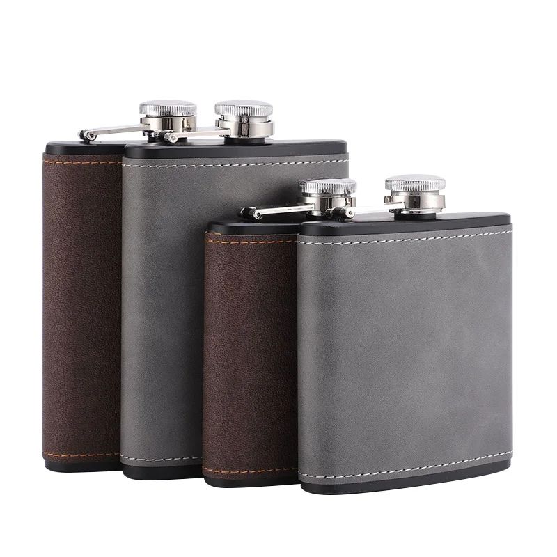 Brown Leather Hip Flask for Whiskey, Portable Stainless Steel Flask in 6oz or 8oz