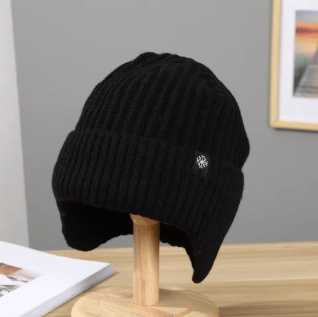 Mens Faux Fur Lined Bomber Hat Winter Knitted Plush Peaked Cap with Earmuffs