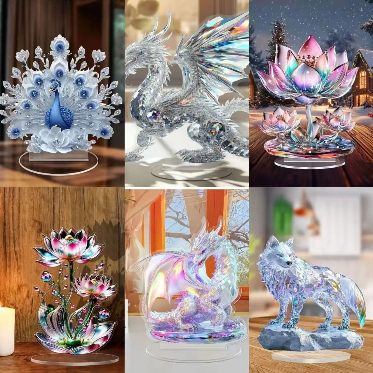 Acrylic White Crystal Dragon Figurine – 2D Flat Minimalist Statue – Modern Table Ornament for Home, Office & Studio