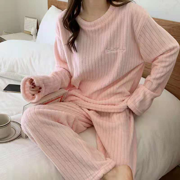 Autumn Women Solid Warm Sets, Thicken Velvet Ribbed Fleece Pullover and Pants, Casual Pajama Sets