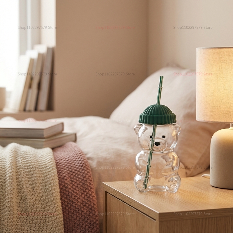Cute Bear Glass Cup with Straw and Borosilicate Drinkware Mug