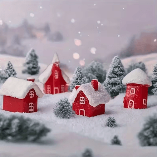4-Piece Christmas Village Miniature Houses – Snowy Resin Red House Holiday Decor Set