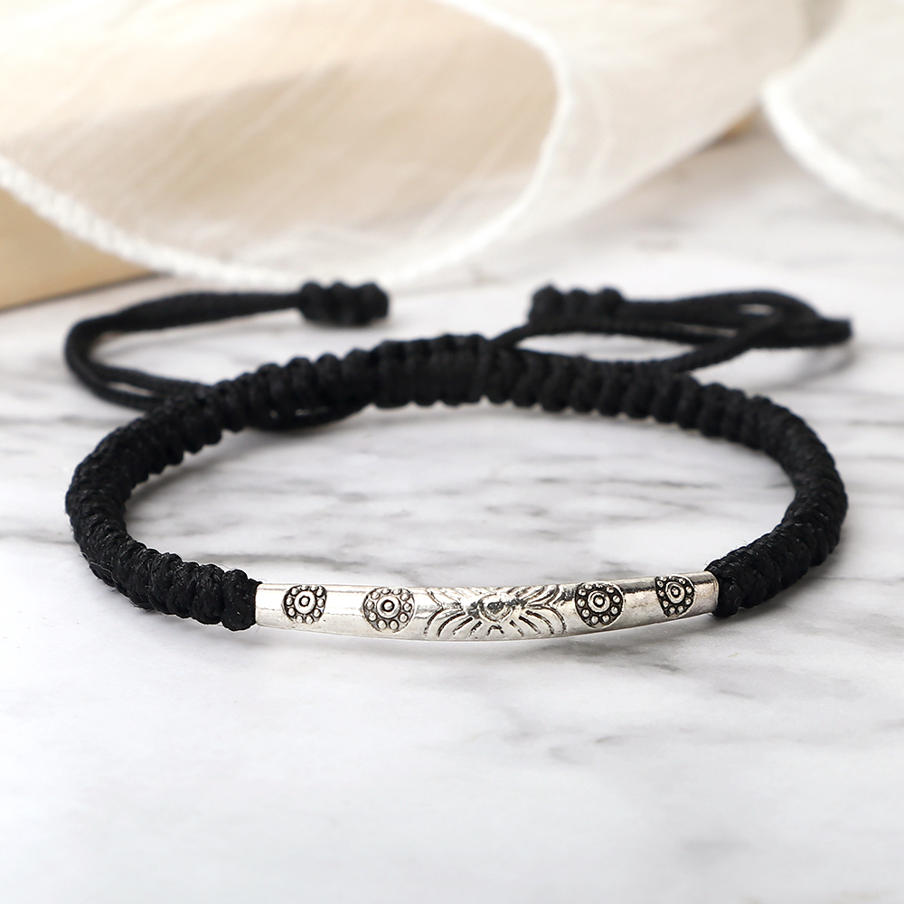 Handmade Woven Lucky Rope Chain Bangle Bohemia Long Tube Carved Flower Pendant Bracelet Jewelry Gift