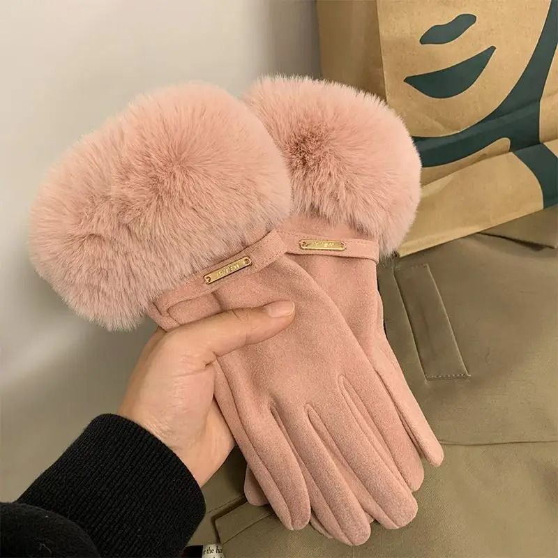 Women Winter Touchscreen Suede Gloves with Plush Cuff and Fleece Lining
