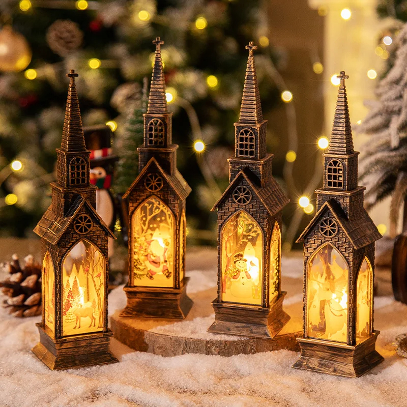 Christmas LED Lantern Table Ornament, Merry Christmas Church Lamp, Home Xmas Decoration