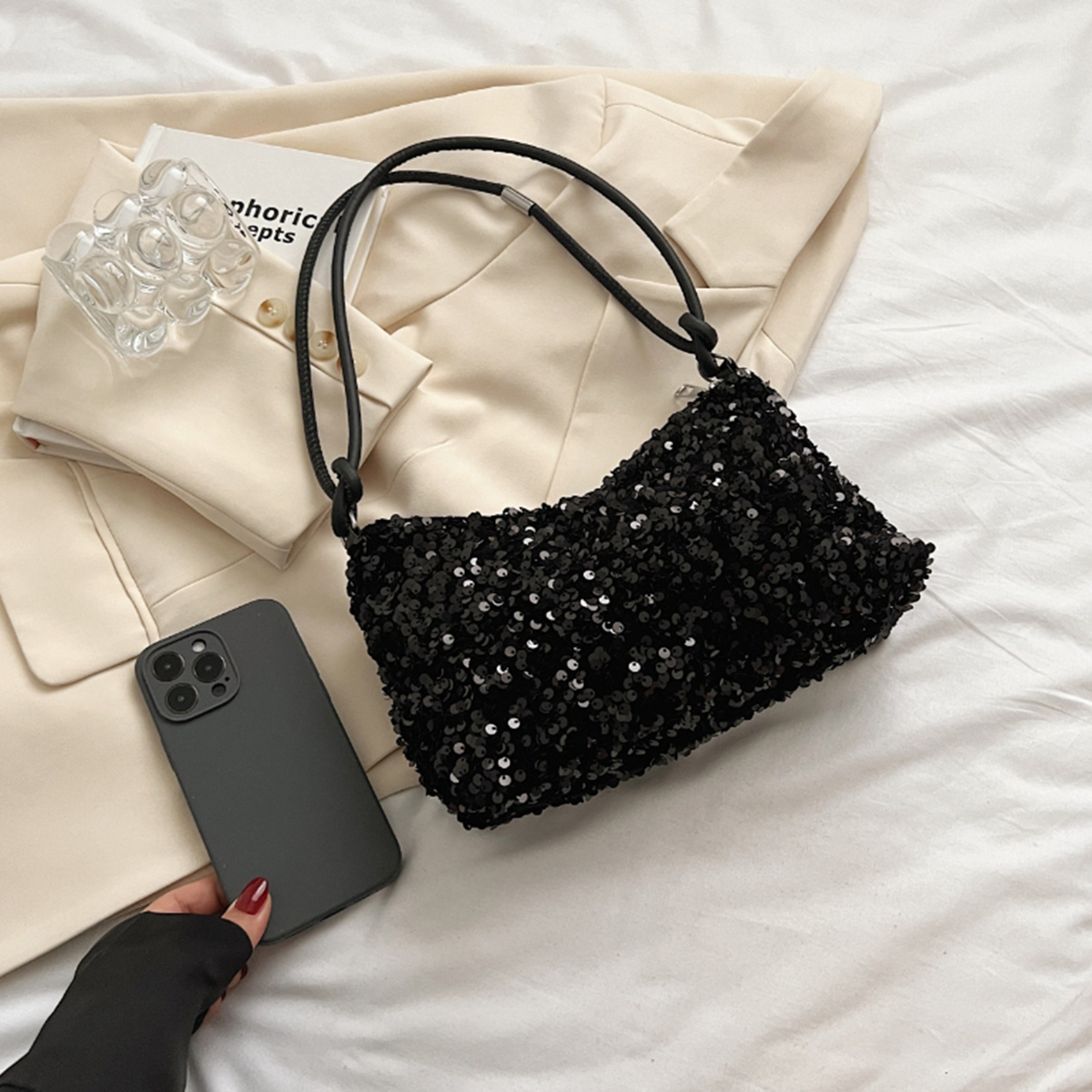 Casual Chic Design Black Spice Glitter Underarm Bag, Stylish Crossbody Shoulder Bag